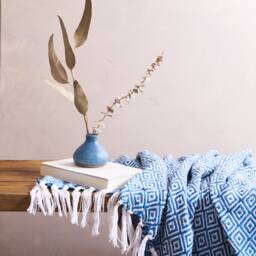 Soft Blue & White Boho Cotton Throw Blanket, Geometric Woven Design, Handmade With 100%