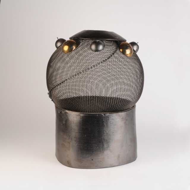 steel Wire Mesh Table Sculpture, Gold Pewter Ceramic Rounds - image 1
