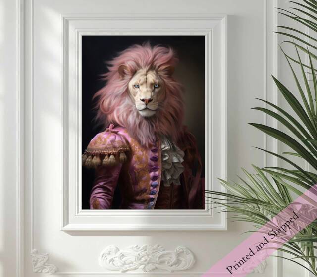 Rococo Lion Portrait Print Pink Hair Renaissance Animal - image 1
