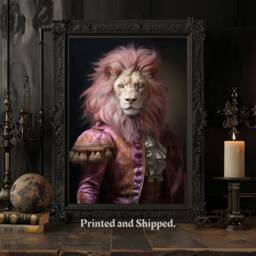 Rococo Lion Portrait Print Pink Hair Renaissance Animal - thumbnail 2