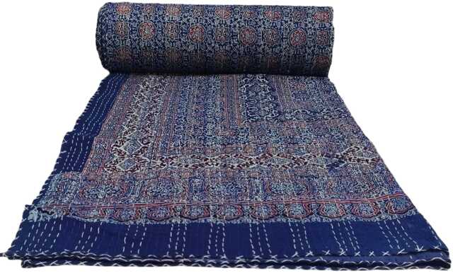 Handmade Kantha Quilt Indian Ajrakh Block Print Cotton Bedspread - King Size - image 1