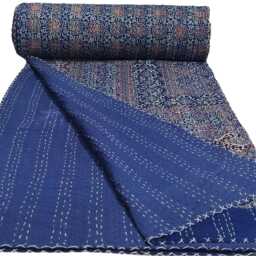 Handmade Kantha Quilt Indian Ajrakh Block Print Cotton Bedspread - King Size - thumbnail 4