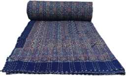 Handmade Kantha Quilt Indian Ajrakh Block Print Cotton Bedspread - King Size - thumbnail 1