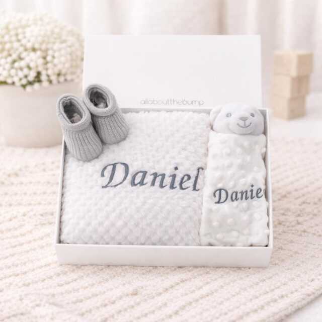 Embroidered White Blanket Or Teddy Comforter - Personalised Wrap & Booties Gift Set - New Baby Unisex Babyshower Newborn - image 1