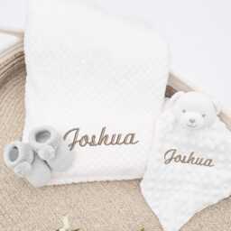 Embroidered White Blanket Or Teddy Comforter - Personalised Wrap & Booties Gift Set - New Baby Unisex Babyshower Newborn - thumbnail 2