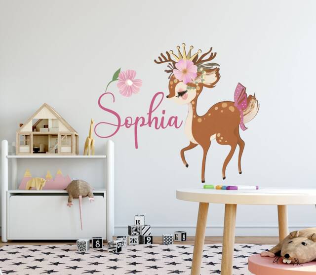 Name Wall Decals Little Deer Bambi Stickers Watercolor Art Girl Nursery Decal Baby Room Decor Removable S321 - image 1
