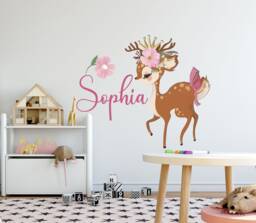Name Wall Decals Little Deer Bambi Stickers Watercolor Art Girl Nursery Decal Baby Room Decor Removable S321 - thumbnail 1