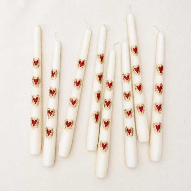 Hand Painted Taper Candles - White, Red & Gold Heart Design, Romantic Wedding Table Decor - image 1