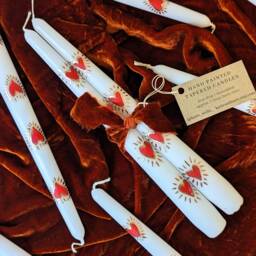 Hand Painted Taper Candles - White, Red & Gold Heart Design, Romantic Wedding Table Decor - thumbnail 2