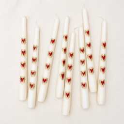 Hand Painted Taper Candles - White, Red & Gold Heart Design, Romantic Wedding Table Decor - thumbnail 1