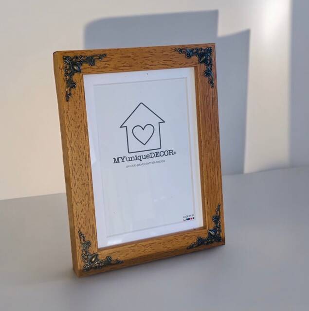 Wooden Photo Frame With Antique Bronze Corners Glass Mount Traditional Design - image 1