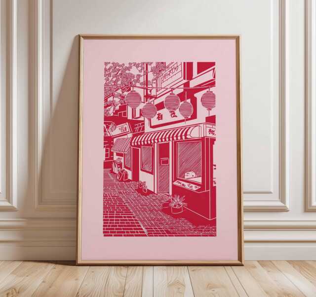 Red Japanese Street Art Print, Tokyo Alley Line Poster, Minimalist Duotone Asian Decor, Pink Aesthetic Wall - image 1