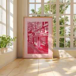 Red Japanese Street Art Print, Tokyo Alley Line Poster, Minimalist Duotone Asian Decor, Pink Aesthetic Wall - thumbnail 3