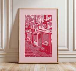 Red Japanese Street Art Print, Tokyo Alley Line Poster, Minimalist Duotone Asian Decor, Pink Aesthetic Wall - thumbnail 1