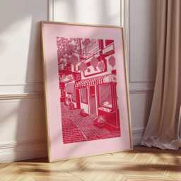 Red Japanese Street Art Print, Tokyo Alley Line Poster, Minimalist Duotone Asian Decor, Pink Aesthetic Wall - thumbnail 2