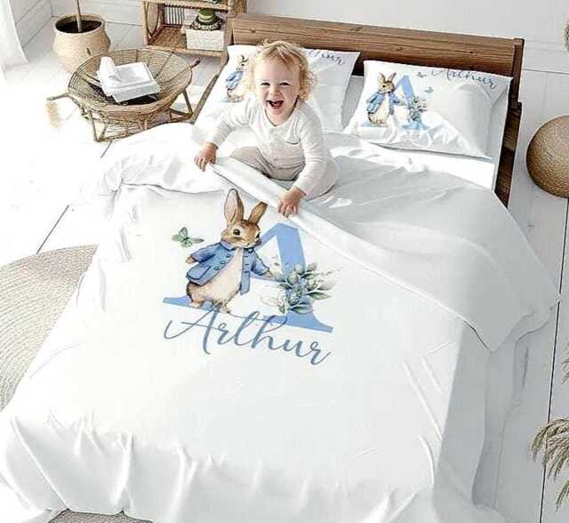 Personalised Blue Rabbit Kids Duvet & Matching Toy Basket Toddler Nursery Bedding Set - image 1