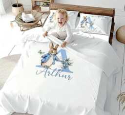 Personalised Blue Rabbit Kids Duvet & Matching Toy Basket Toddler Nursery Bedding Set - thumbnail 1