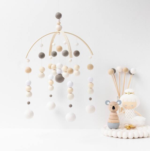 Beige & Cream Gender Neutral Baby Mobile - White Grey Felt Pom Crib Minimalist Nursery Cot Wooden Ceiling - image 1