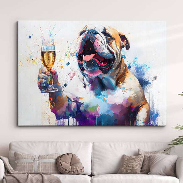 Bulldog Toasting Drink Dog Pet Abstract Modern Painting Wall Art, Framed Canvas Poster Print, Home Kitchen Office Room Decor, Gifts - image 1