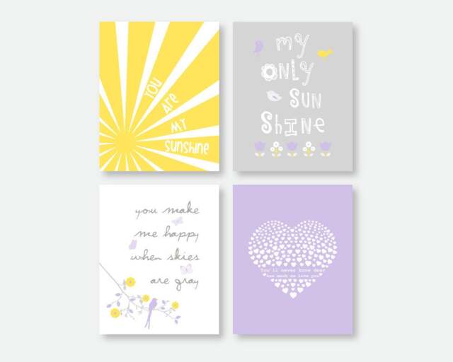 Purple Nursery Wall Art For Girl Bedroom You Are My Sunshine Lavender Yellow Gray Heart Bird Flowers Quote Prints 031R - image 1