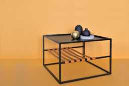 Industrial Steel Coffee Table Black Frame With Leather Shelf