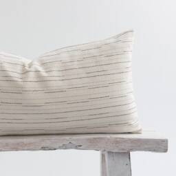 striped Cotton Lumbar Pillow, Beige & White, Bamboo Fabric - thumbnail 2