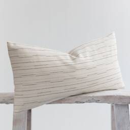 striped Cotton Lumbar Pillow, Beige & White, Bamboo Fabric - thumbnail 3