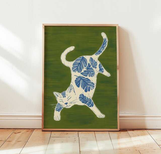 White Cat Poster, Botanical Print, Folk Style Wall Art - image 1