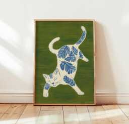 White Cat Poster, Botanical Print, Folk Style Wall Art - thumbnail 1