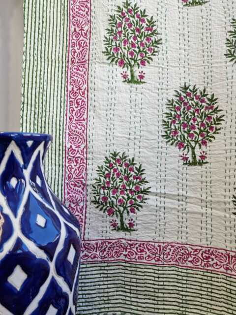 Kantha Stitch Pure Cotton Reversible Bed/Sofa Throw King Size - Handmade Handprinted Floral Dohar White Pink Green Pomegranate Tree Motif - image 1