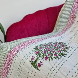 Kantha Stitch Pure Cotton Reversible Bed/Sofa Throw King Size - Handmade Handprinted Floral Dohar White Pink Green Pomegranate Tree Motif - thumbnail 2