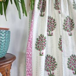 Kantha Stitch Pure Cotton Reversible Bed/Sofa Throw King Size - Handmade Handprinted Floral Dohar White Pink Green Pomegranate Tree Motif - thumbnail 3