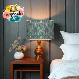 Floral Light Shade - Morris Inspired Lampshade in Teal Blue Hot Pink Boho Style Drum Handmade Lamp - thumbnail 2