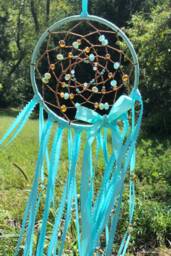 Turquoise & Brown Beaded Dreamcatcher, Boho Bedroom Decor, Baby Nursery Wall Crystal Glass Faceted Beads, Dream Catcher, Hanging