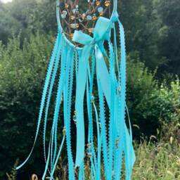 Turquoise & Brown Beaded Dreamcatcher, Boho Bedroom Decor, Baby Nursery Wall Crystal Glass Faceted Beads, Dream Catcher, Hanging - thumbnail 4