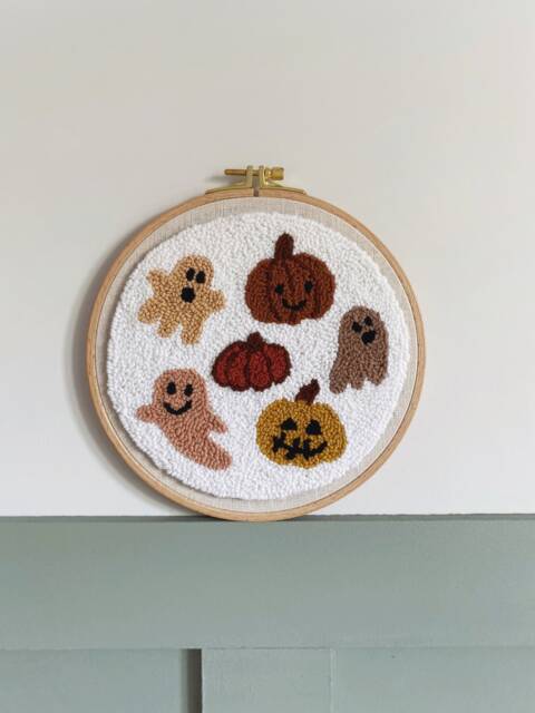 Hand Punch Needle Wall Hanging, Ghosts Pumpkins, Fall Halloween Decor - image 1