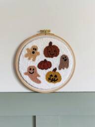 Hand Punch Needle Wall Hanging, Ghosts Pumpkins, Fall Halloween Decor - thumbnail 1
