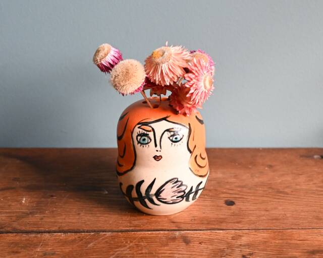 Handmade Redhead Woman Ceramic Frog Vase, Ikebana Pottery - 4 Inches - image 1