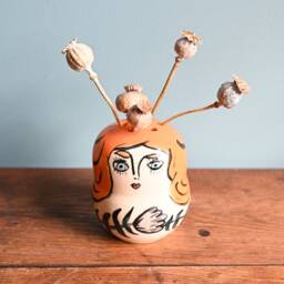 Handmade Redhead Woman Ceramic Frog Vase, Ikebana Pottery - 4 Inches - thumbnail 2