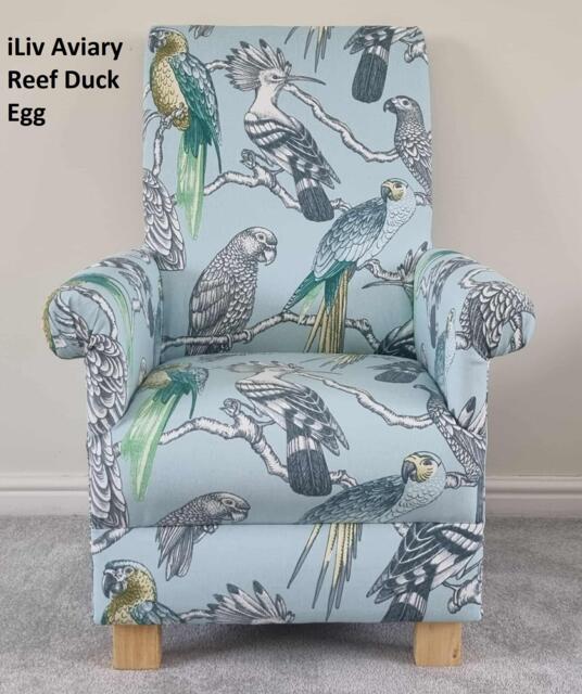 Aviary Fabric Adult Chair Armchair Birds Mccaws Parrots Parakeets Tropical Jungle Safari Accent Teal Green Navy Maldives Garden Botanical - image 1