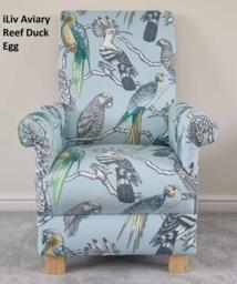 Aviary Fabric Adult Chair Armchair Birds Mccaws Parrots Parakeets Tropical Jungle Safari Accent Teal Green Navy Maldives Garden Botanical
