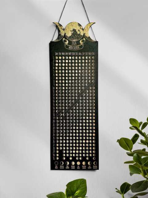 2026 Lunar Calendar Engraved Birch Wood Moon Phases Wall Hanging - image 1
