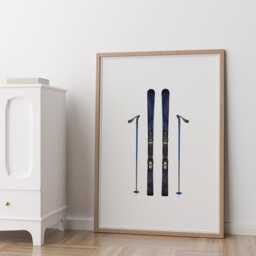 Blue Skis Print Vintage Navy Ski Chalet Decor - thumbnail 2