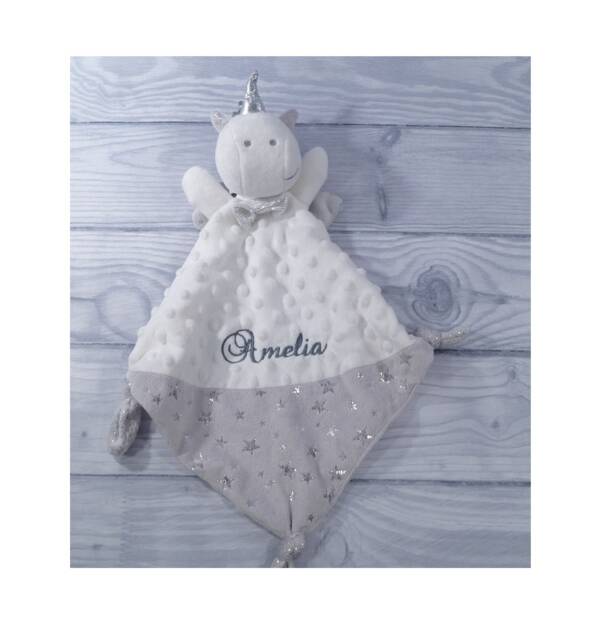 Cuddle Cloth Embroidered With Name - Comfort Blanket Cuddly Soft Toy Unicorn White-Grey Zw-29 - 400236 - image 1