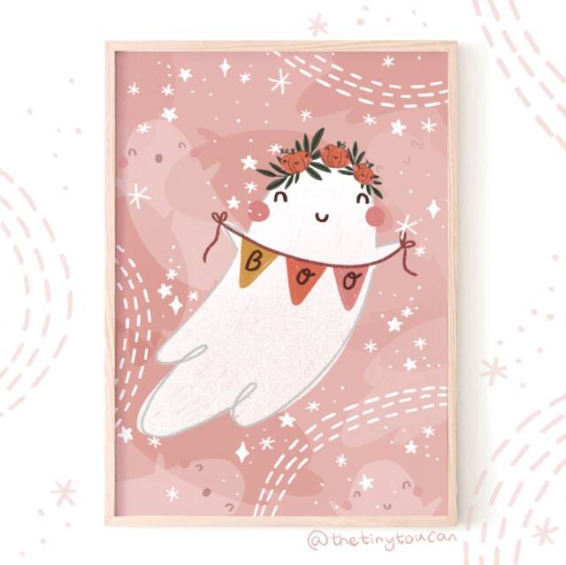 Happy Ghost Fine Art Print. Nursery Wall Art. Halloween Decor. Kawaii Halloween. Cute Creepy Decoration
