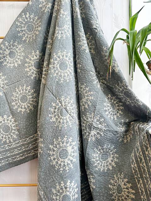 Kantha Stitch Pure Cotton Reversible Bed/Sofa Throw King Size Handmade Dohar Slated Grey Gris Chalk Tribal Motif - Country Rustic Stonewash - image 1