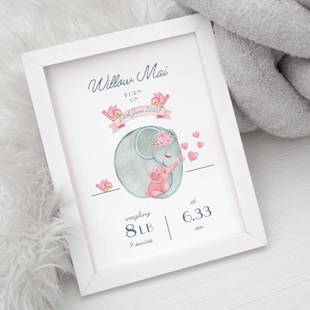 Personalised New Baby Print, Birth Details, Gift, Parents Elephant, Girl Present - image 1