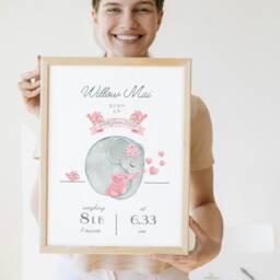 Personalised New Baby Print, Birth Details, Gift, Parents Elephant, Girl Present - thumbnail 2