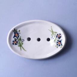 Ceramic Soap Dish, Oval Draining Soap Pottery White Oval Tray in Retro Style, Painted With Blue Flowers - thumbnail 2
