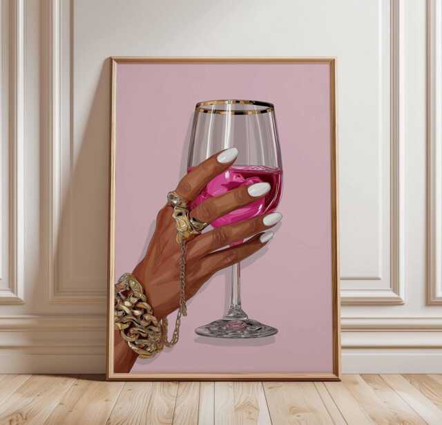 Glam Hand Holding Wine Poster, Luxury Fashion Wall Art, Pink Drink Illustration, Gold Jewelry Art Print, Unframed Chic Decor - image 1